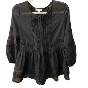 Stellah popover peplum Black Lace babydoll Blouse Top Shirt Size Medium l